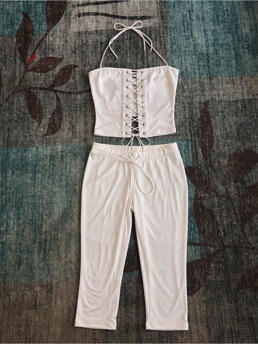 White Lace-Up Halter Crop Top with Drawstring Capris Set